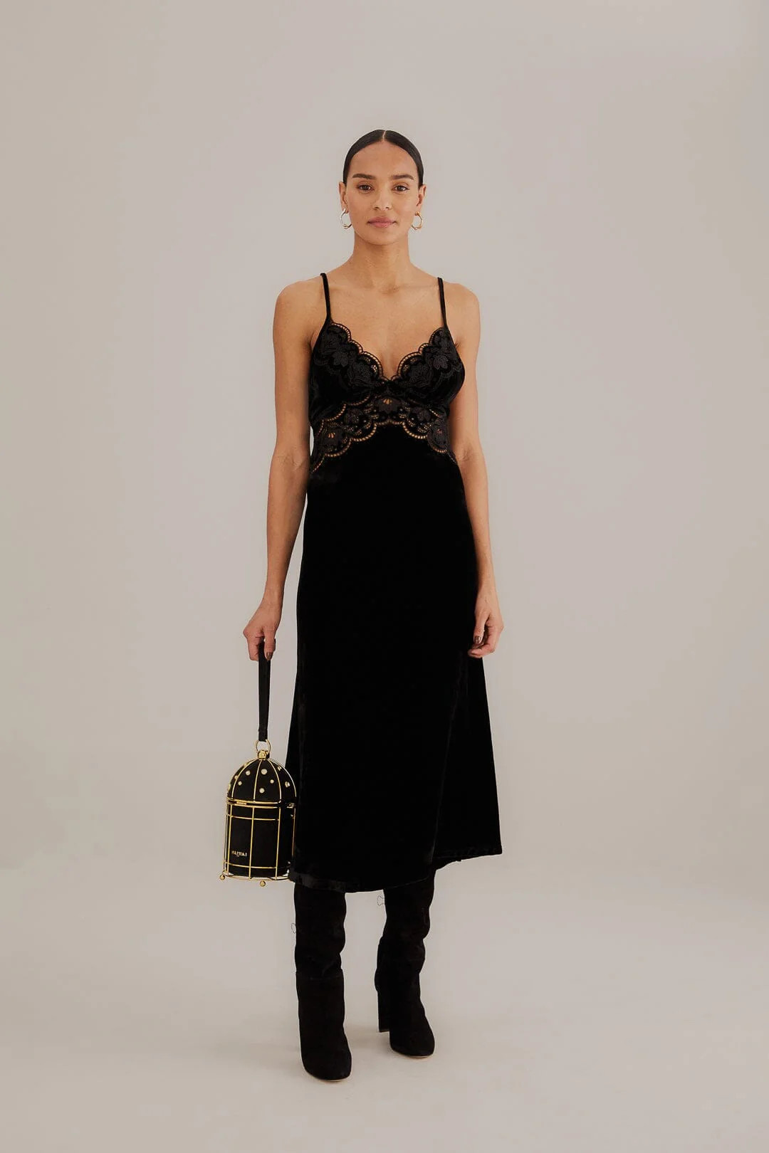 Black Richelieu Velvet Slip Dress | Farm Rio UK