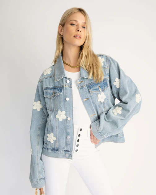 Gracie Embellished Floral Pearl Pocketed Denim Jacket | VICI