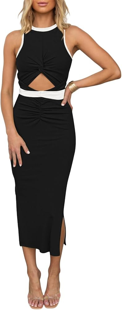 HUUSA Women's Sexy Sleeveless Cut Out Slim Bodycon Dress Crewneck Crisscross Twist Ruched Slit Ri... | Amazon (US)