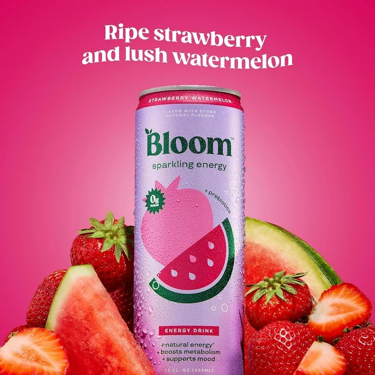 Bloom Nutrition Sparkling Energy Drink, Strawberry Watermelon, 12 fl oz Cans, 6 Pack | Walmart (US)