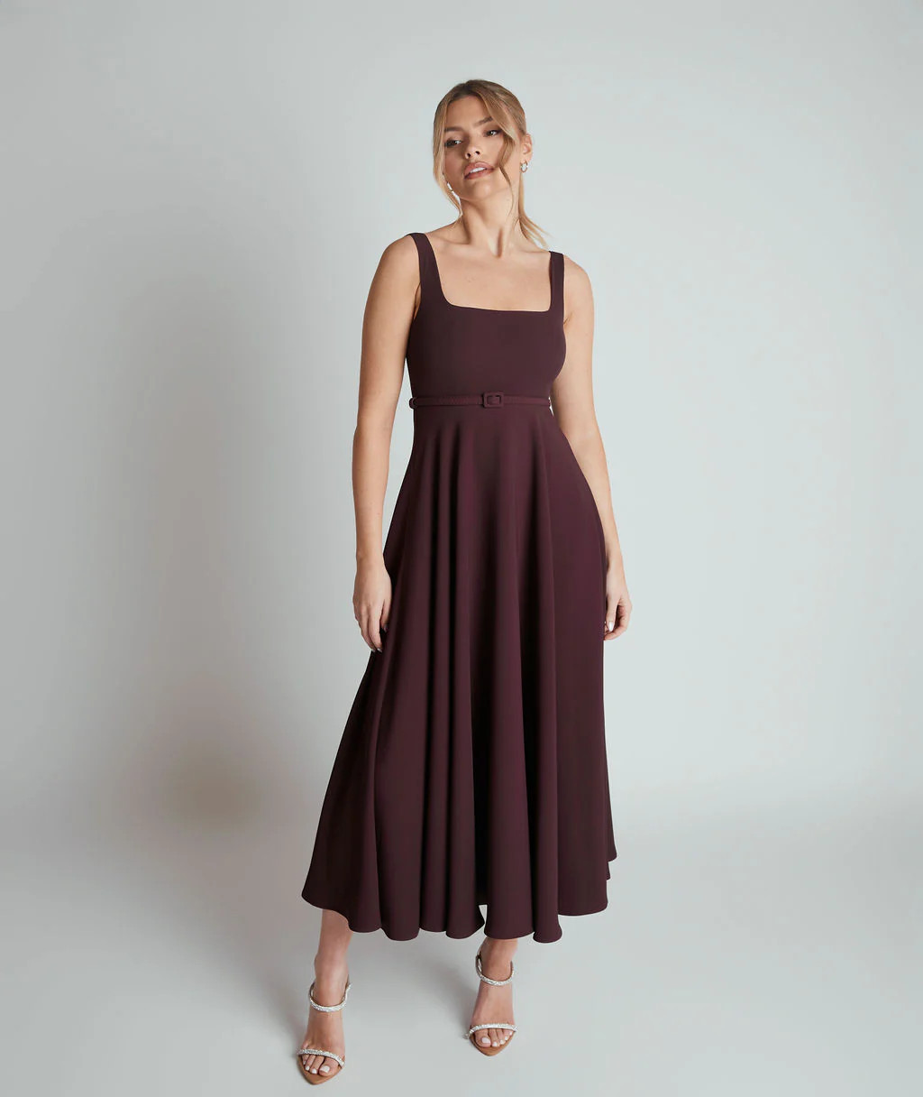 Square Neck Belted Midi Dress - Burgundy | Six Stories