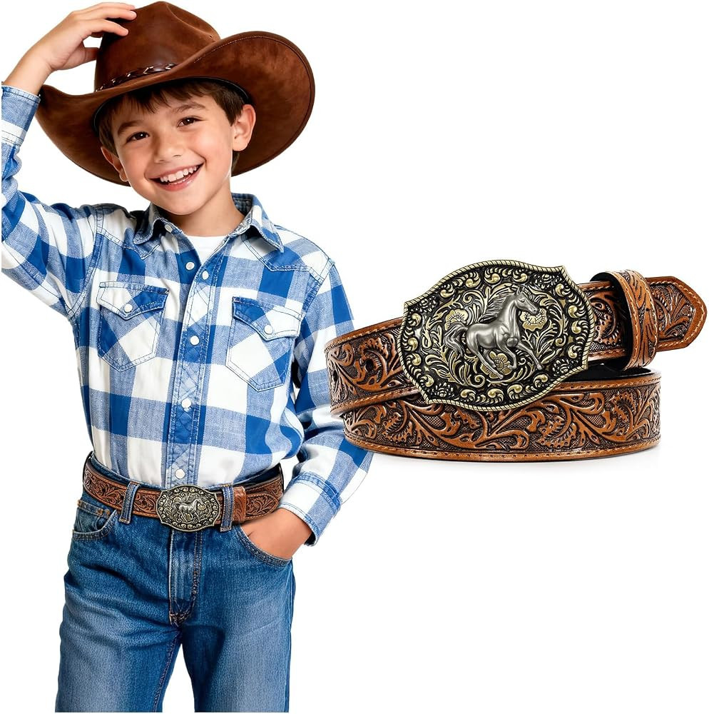 Kids Western Belt for Boys Girls Genuine Leather Cowboy Cowgirl Belts with Detachable Buckle for ... | Amazon (US)