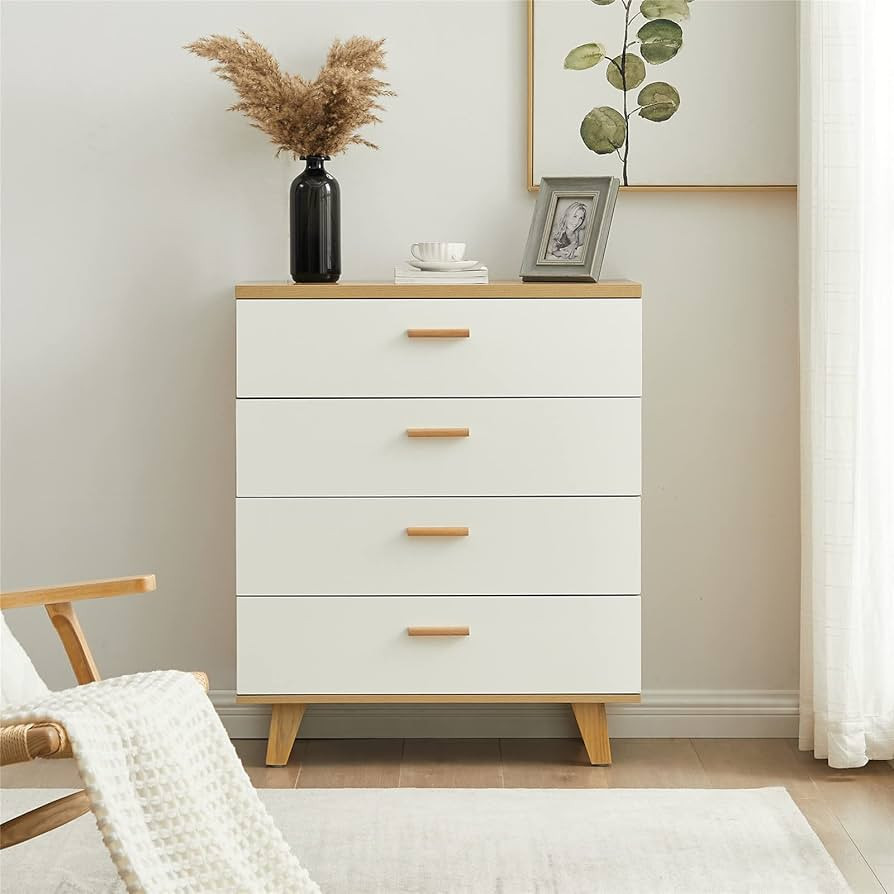 Henf 4 Drawers Chest, Modern White Wood Drawers Dresser Bedside Table Nightstand with Solid Wood ... | Amazon (US)