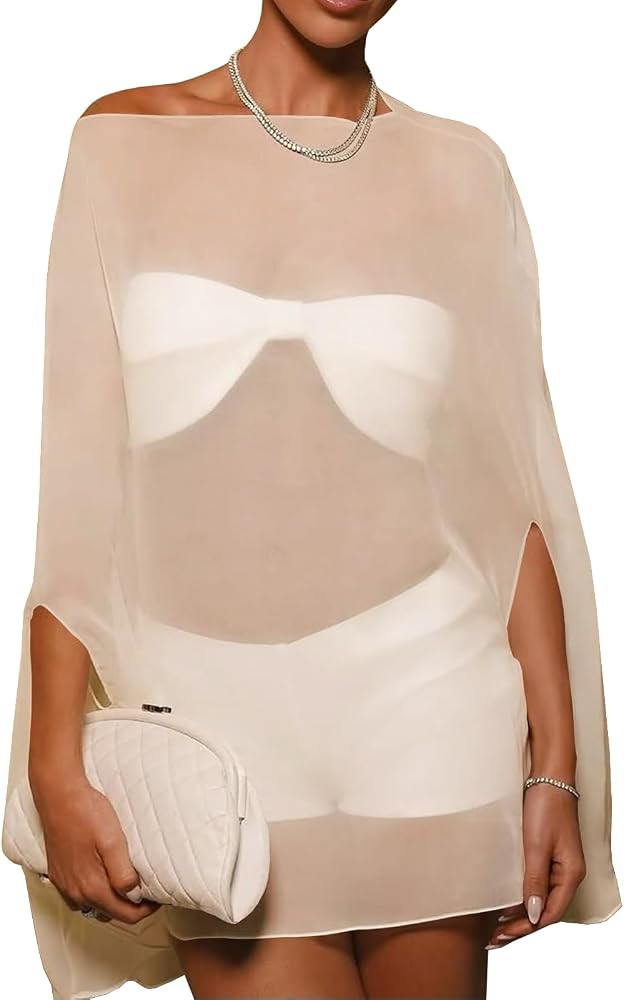 Cover Ups Off Shoulder Swimwear Summer See Through Beachwear Coverup Batwing Poncho Shawl Shrug C... | Amazon (US)