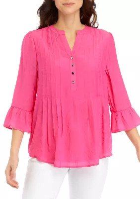 Kim Rogers Women's Linen Like Woven Bell Sleeve Henley Top, Pink, Large | Belk