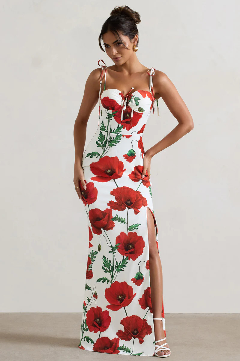 Asola | Poppy Print Sweetheart Split Maxi Dress With Tie Detail | Club L London