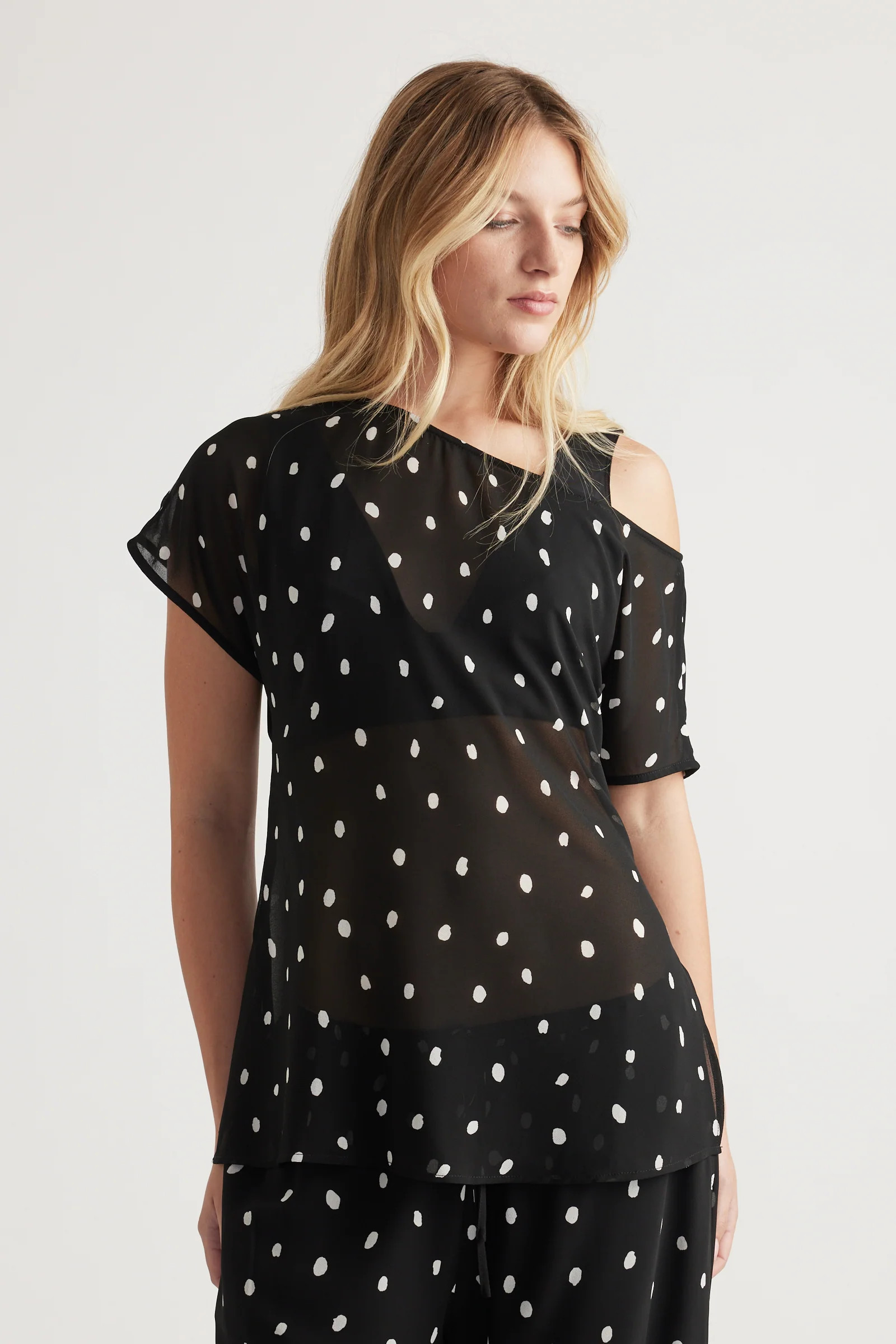 Eliza Off Shoulder Sheer Top - Black Bambi Print | DECJUBA