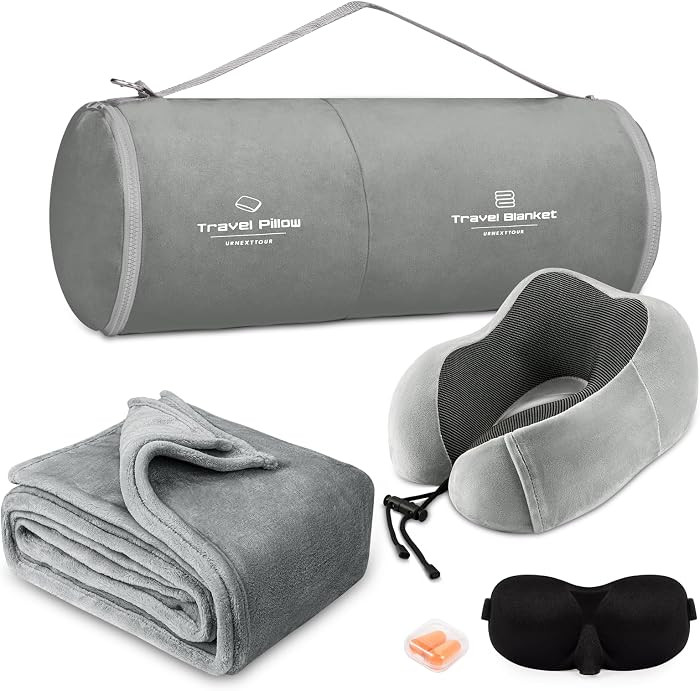 Travel Pillow and Blanket Set Neck Pillows Travel Essentials with Sleep Mask for Airplane Car Mem... | Amazon (US)
