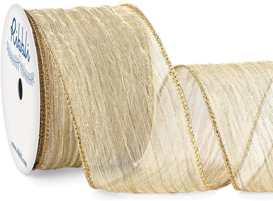 Ribbli Light Champagne Crinkled Wired Ribbon 2.5 Inch with Metallic Wavy Christmas Ribbon for Cri... | Amazon (US)