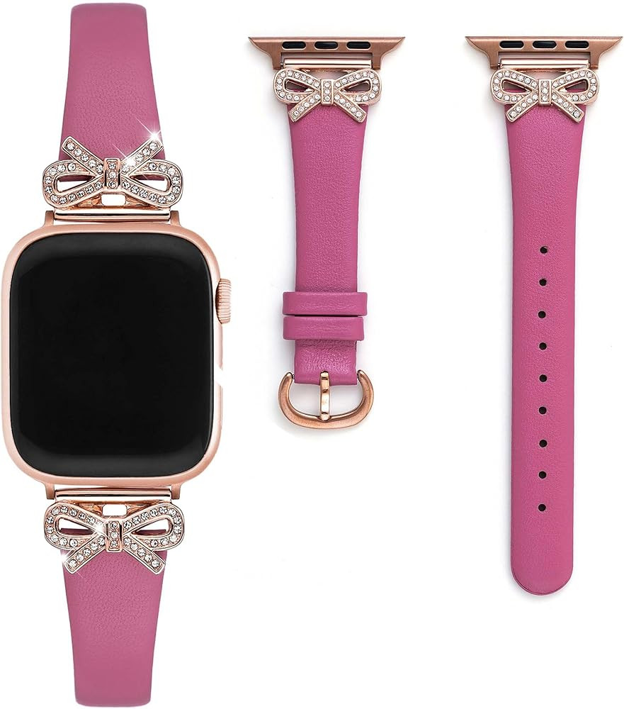 Crystal Bow Lambskin Leather Watch Band for Women, Compatible with Apple Watch 10/9/8/7/6/5/4/3/2... | Amazon (US)