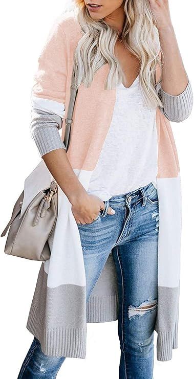 CARDYDONY Women's Long Cardigan Open Front Color Block Cardigan Knit Sweaters | Amazon (US)