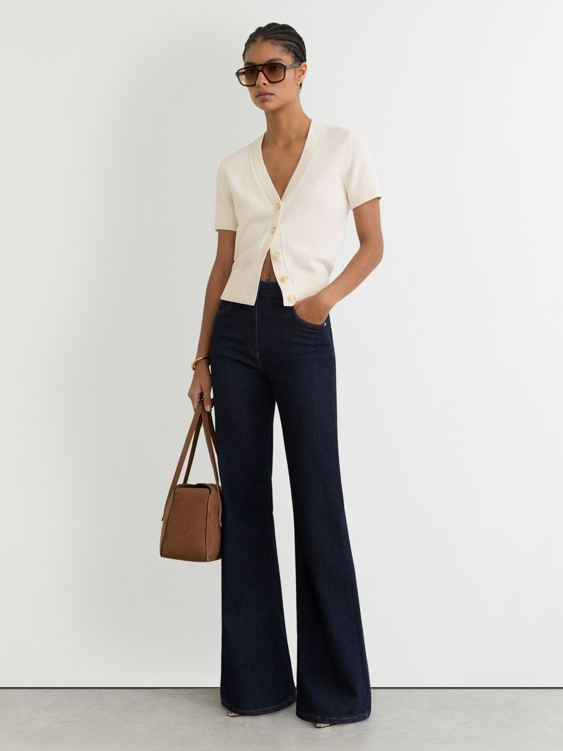 Reiss V-Neck Short-Sleeve Cardigan Cotton-Wool in Ivory - REISS | Reiss UK