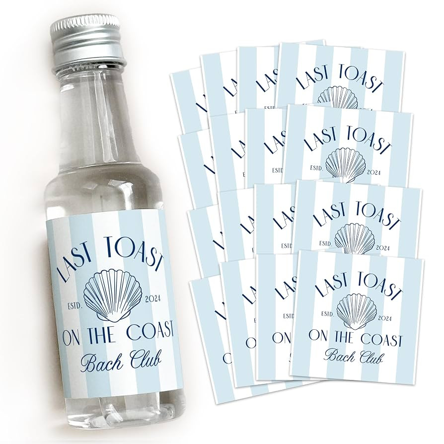 Last Toast on the Coast - 50 mL Bachelorette Liquor Labels - Coastal Bachelorette Party Favors - Beach Bach Gift Bag Idea - Coastal Granny Bachelorette Stickers (Blue Stripe - Bach Club) | Amazon (US)
