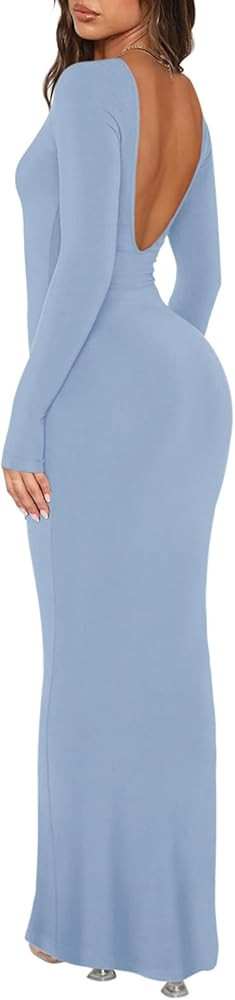REORIA Womens Sexy V Backless Soft Lounge Long Dress Fall Casual Boat Neck Long Sleeve Ribbed Bod... | Amazon (US)