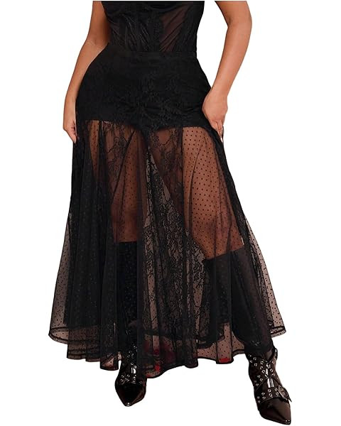 Perbai Women's Sexy Sheer Lace Skirt High Waisted Floral Embroidered Ruffled A Line Long Maxi Bea... | Amazon (US)