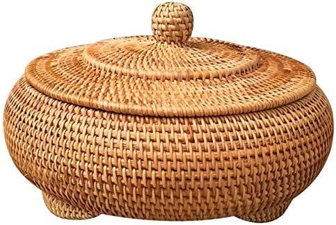 KODENG, Round Rattan Boxes with Lid Hand-Woven Multi-Purpose Wicker Tray 11 Inch Picnic Food Brea... | Amazon (US)