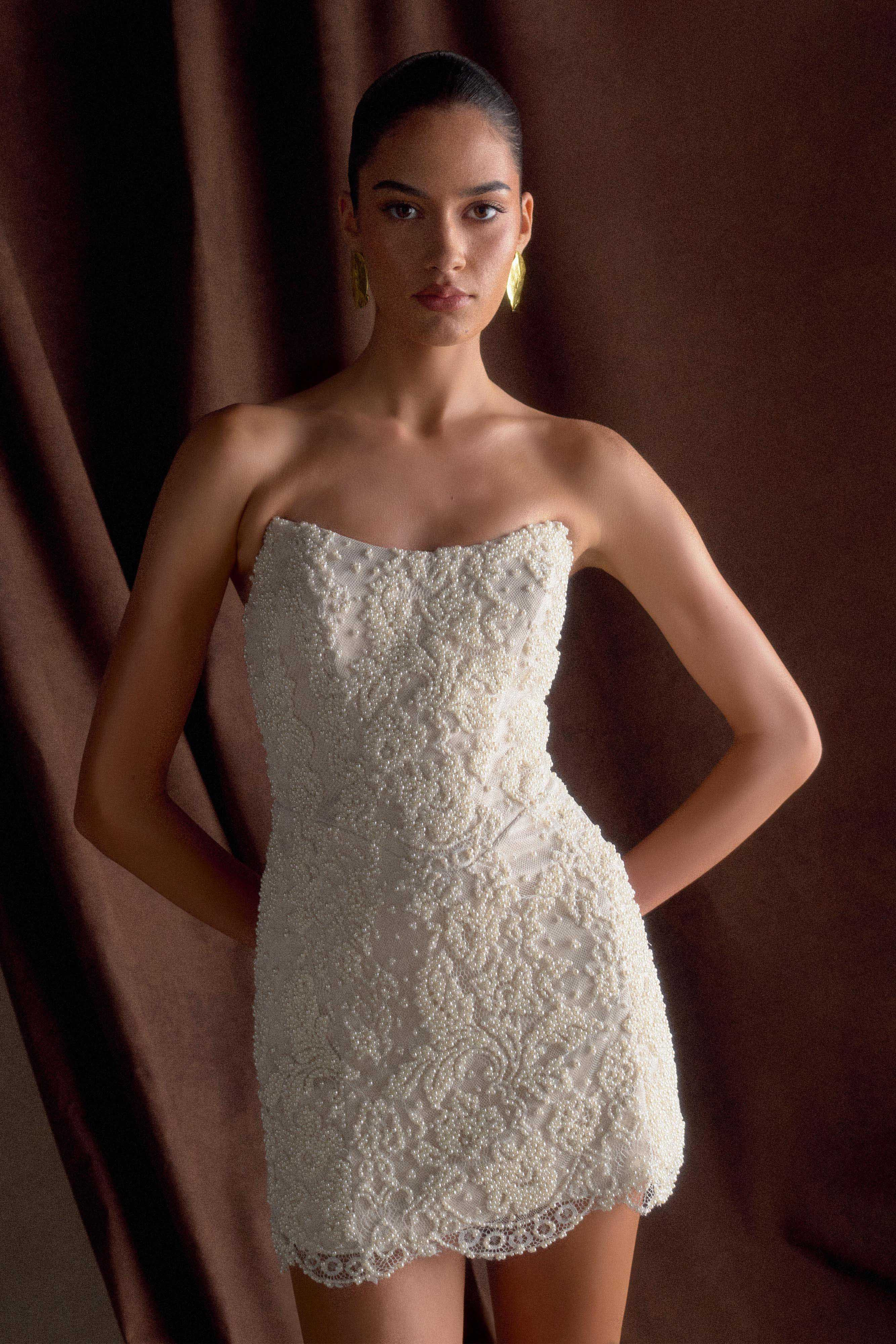 Eva Hand Beaded Pearl & Lace Mini Dress - White | MESHKI US