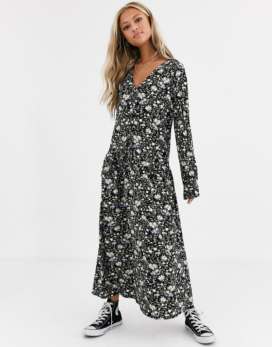 ASOS DESIGN v neck maxi dress in black floral print-Multi | ASOS (Global)