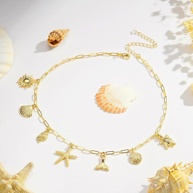 Charm Necklace for Women, 14K Gold Plated Shell Sun Starfish Summer Beach Necklace 16+3" Papercli... | Amazon (US)