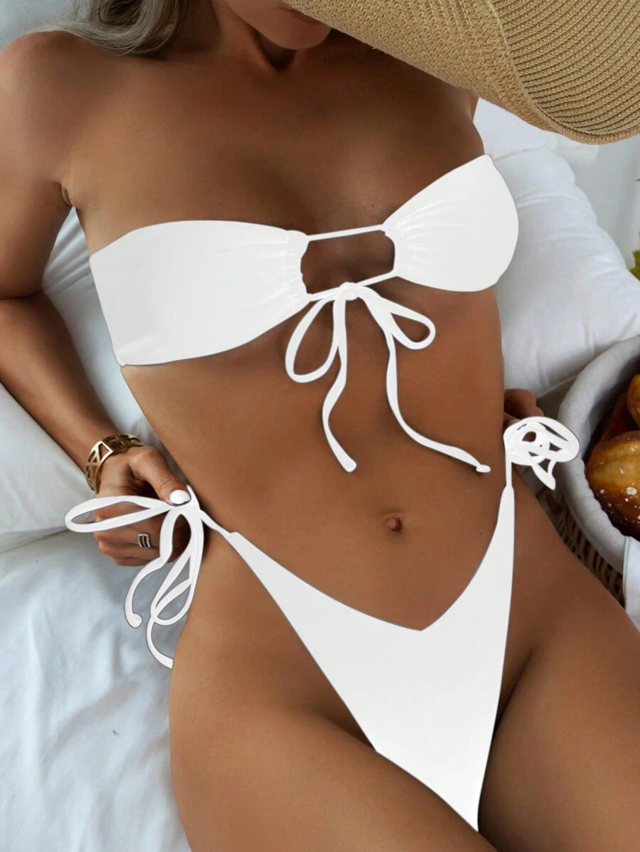 SHEIN Swim Summer Beach Plain Drawstring Bandeau Bikini Set | SHEIN