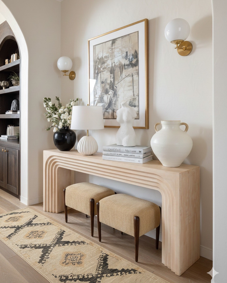 A warm and textural foyer that blends sculptural lines with soft, neutral tones.
The natural wood console table features layered, carved edges in a light sand finish, adding organic movement and a modern coastal feel. Beneath it, a pair of bouclé inspired upholstered stools in a warm camel beige bring softness and contrast with their dark walnut legs.

On top of the console, ivory ceramic vases and a matte white sculptural bust add curated texture, while a ribbed white table lamp introduces subtle dimension and soft ambient light. The large abstract wall art ties the palette together with warm taupe, sandstone, charcoal, and cream brushstrokes, framed in a sleek brushed gold frame for a touch of understated shine.

A woven jute runner in tan and black geometric patterns grounds the space with natural texture, and the brass globe sconces cast a warm glow that highlights every material detail.

✨ Shop the look:
• Light sand carved wood console table
• Camel beige upholstered stools with walnut legs
• Textured ivory ceramic vases
• Sculptural matte white torso decor
• Ribbed white modern table lamp
• Taupe + charcoal abstract art in brushed gold frame
• Tan and black geometric jute runner
• Brass round globe wall sconces

#LTKsale #LTKhome #LTKstyletip