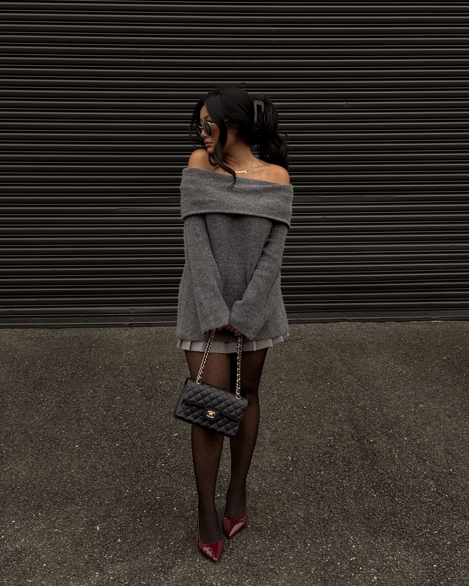 Off the shoulders grey sweater with pleated grey skirt and dotted tights 🩶 finish off the look with some cherry red heels for the fall season 🍒

#LTKbeauty #LTKstyletip #LTKSeasonal