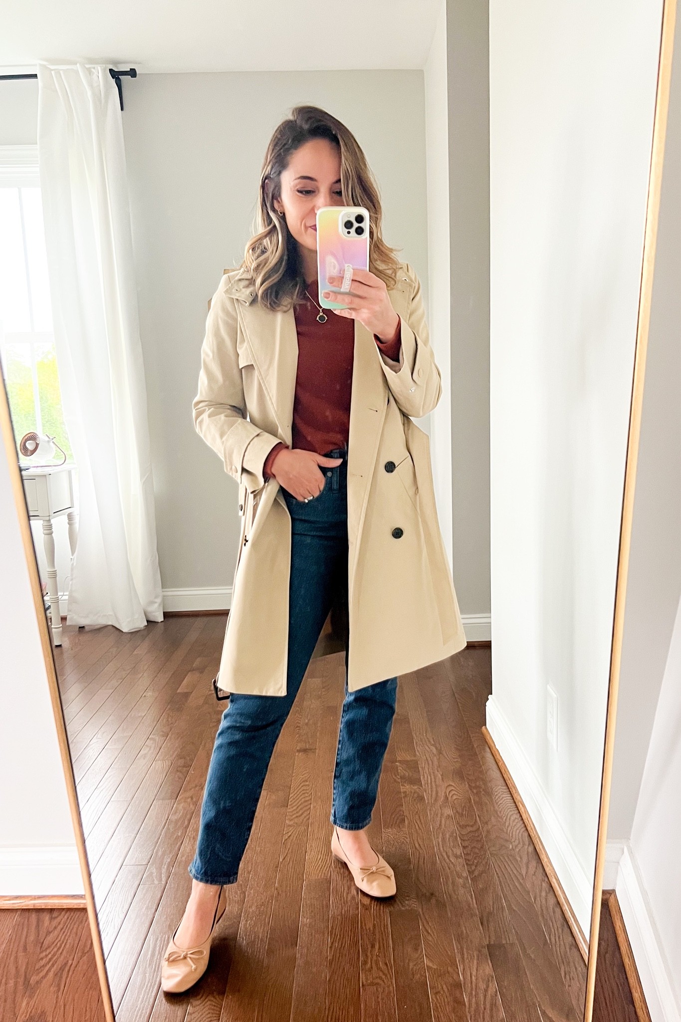 Wearing today 

Jacket: petite xxs/00 
Sweater: xs
Jeans: petite 24 

Also linking less expensive options below 
Jacket links is a little long in the arms but overall still a good fit for me in xxs 
Jeans option fits well in 00 short 
Alternate sweater also comes in a similar rust color I wear it in xs 