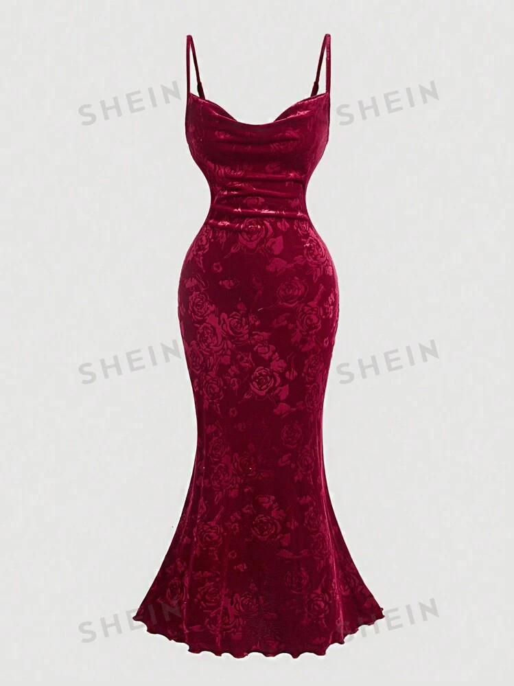 SHEIN MOD Plus Size Red Vintage Velvet Draped Neck Maxi Dress, Halloween Costume, Mermaid Hem Gow... | SHEIN