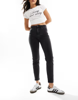 Stradivarius slim mom jean with stretch in black | ASOS (Global)