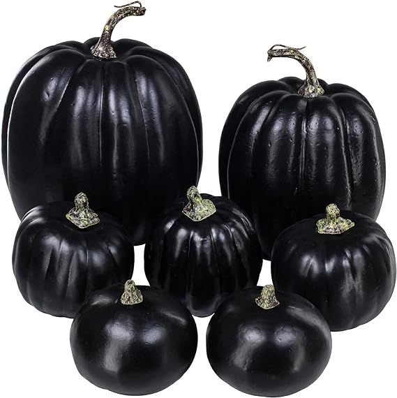 Winlyn 7 Pcs Assorted Artificial Black Pumpkins Halloween Pumpkins Faux Rustic Decorative Foam Pu... | Amazon (US)