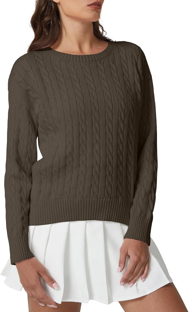QINSEN Cable Knit Sweater for Women Long Sleeve 90s Vintage Ribbed Pullover Crewneck Sweater Tops | Amazon (US)