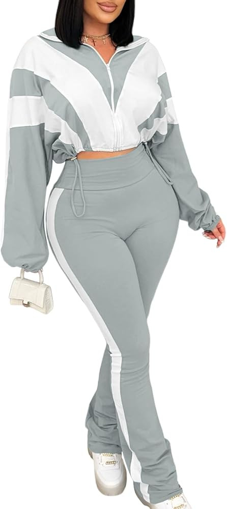 Vssjavun Women 2 Piece Outfit Color Block Long Sleeve Zip Drawstring Cropped Jacket Bodycon Long ... | Amazon (US)