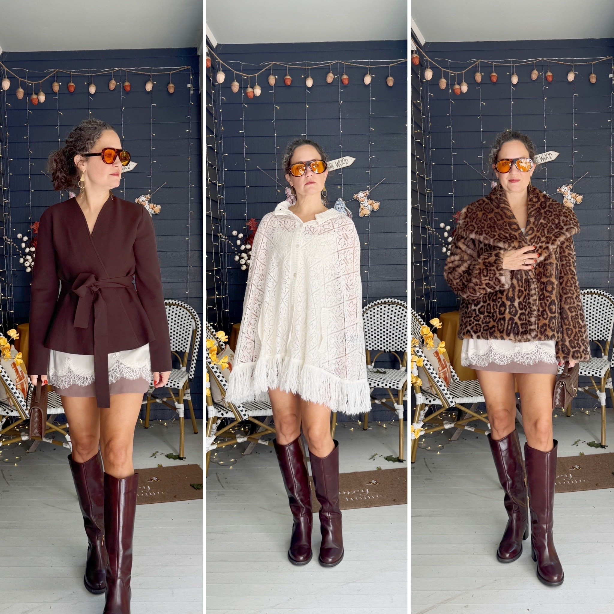 Loving these Vince Camuto knee high boots! I’m wearing the mahogany color, true to size. Fall outfits with a mini skort and tall boots. Over 40 style. Loving wrap sweaters, ponchos and leopard statement coats for fall.