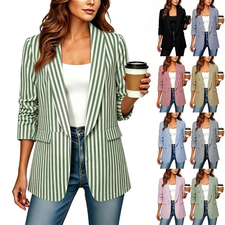 Tqcoqu Women's Striped 3/4 Sleeve Blazer Jacket Collared Neck Business Casual Suit Jacket,Blue Wo... | Walmart (US)