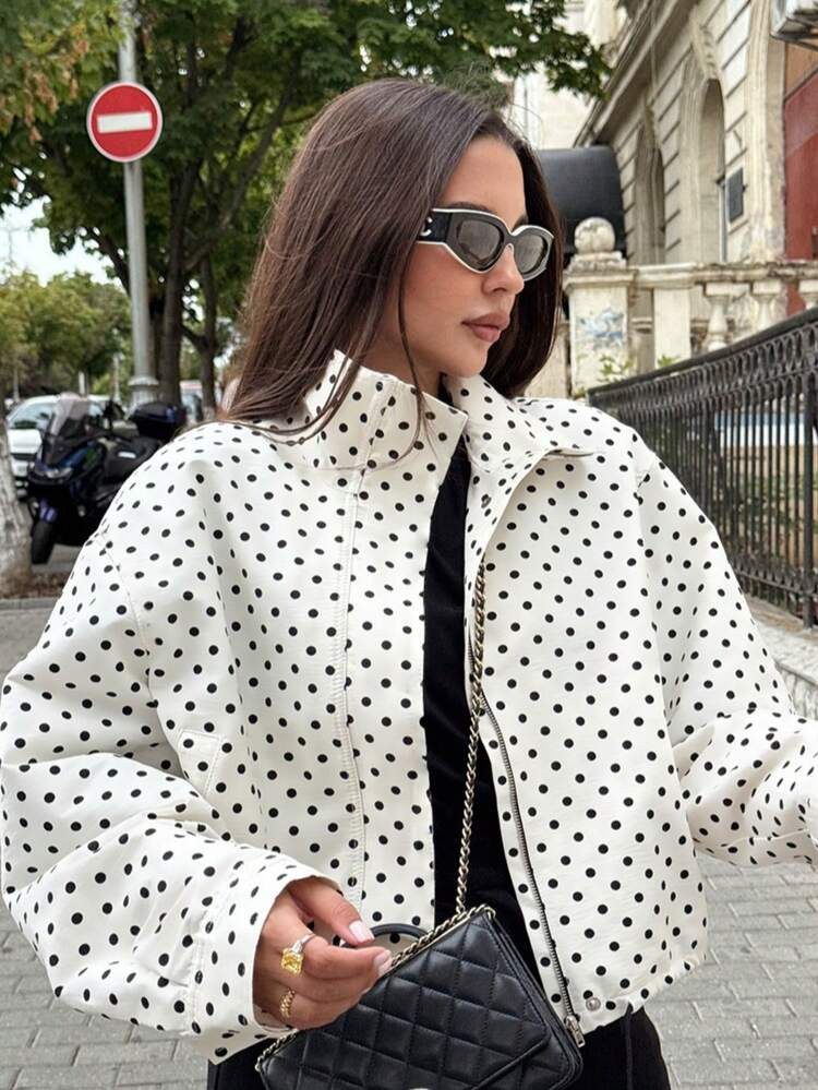 Chaqueta De Mujer De Estilo Amplio Con Estampado De Lunares, Cordón Y Hombros Caídos, Nueva Para El Otoño De La Bloguera | SHEIN