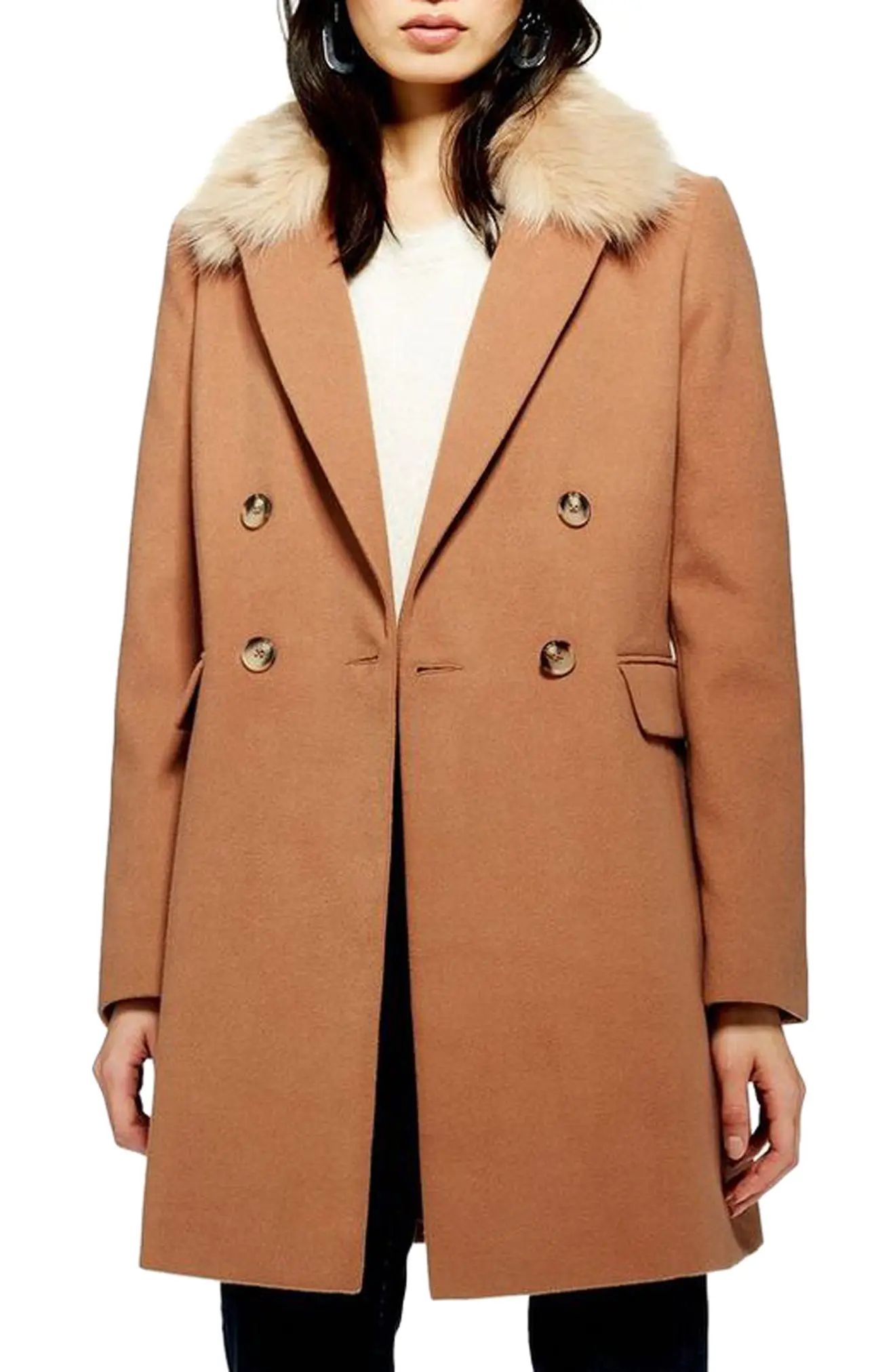 Women's Topshop Naomi Faux Fur Collar Coat, Size 2 US (fits like 0) - Beige | Nordstrom