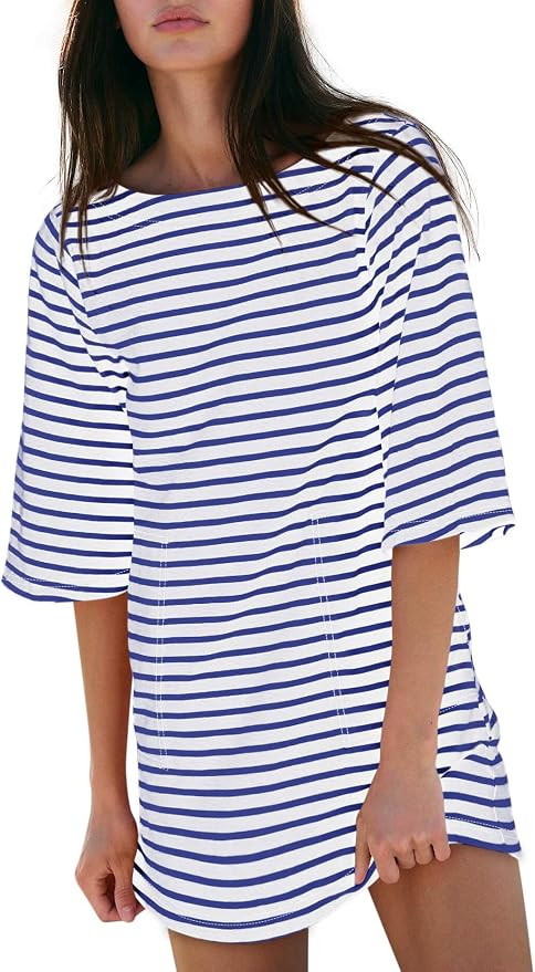 Yousify Women’s T Shirt Dress Cotton Summer Dresses 2026 Casual Loose Short Sleeve Striped Mini... | Amazon (US)