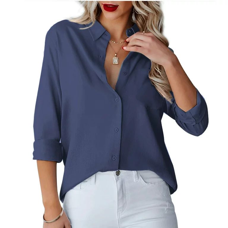 MLANM Womens Casual Button Down Shirts V Neck Long Sleeve Collared Office Work Blouses Tops , S G... | Walmart (US)