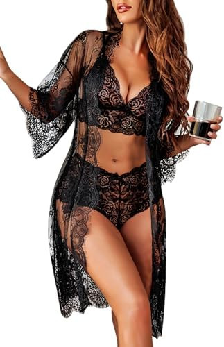 Avidlove Women Sexy Lingerie Set 3 Piece Bra and Panty Sets with Lace Kimono Robe Sleepwear Mesh ... | Amazon (US)