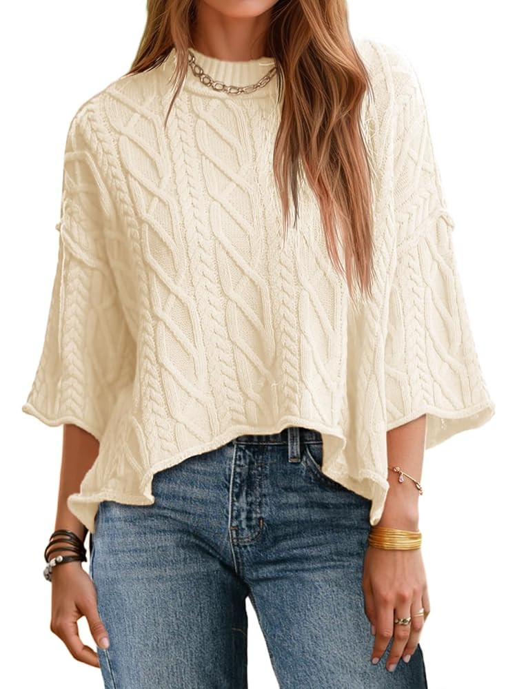 Saodimallsu Womens Cable Knit Cropped Sweaters Oversized 3/4 Sleeve Crew Neck Fall Casual Pullove... | Amazon (US)