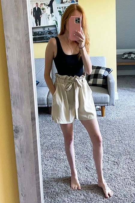 Amazon outfit of the day - love this combo! Can be dressed up or down. 

Wearing small in black bodysuit (hugs your waist/midsection) and small in shorts. With tie at the waist, shorts fit well and are tts. Leg opening is wide and comfortable. I’m 5’0” for reference. 

Amazon prime day, prime day deals, amazon deals, xs petite, petite hourglass, hourglass figure, amazon basics. 

#LTKsalealert #LTKxPrimeDay #LTKunder50