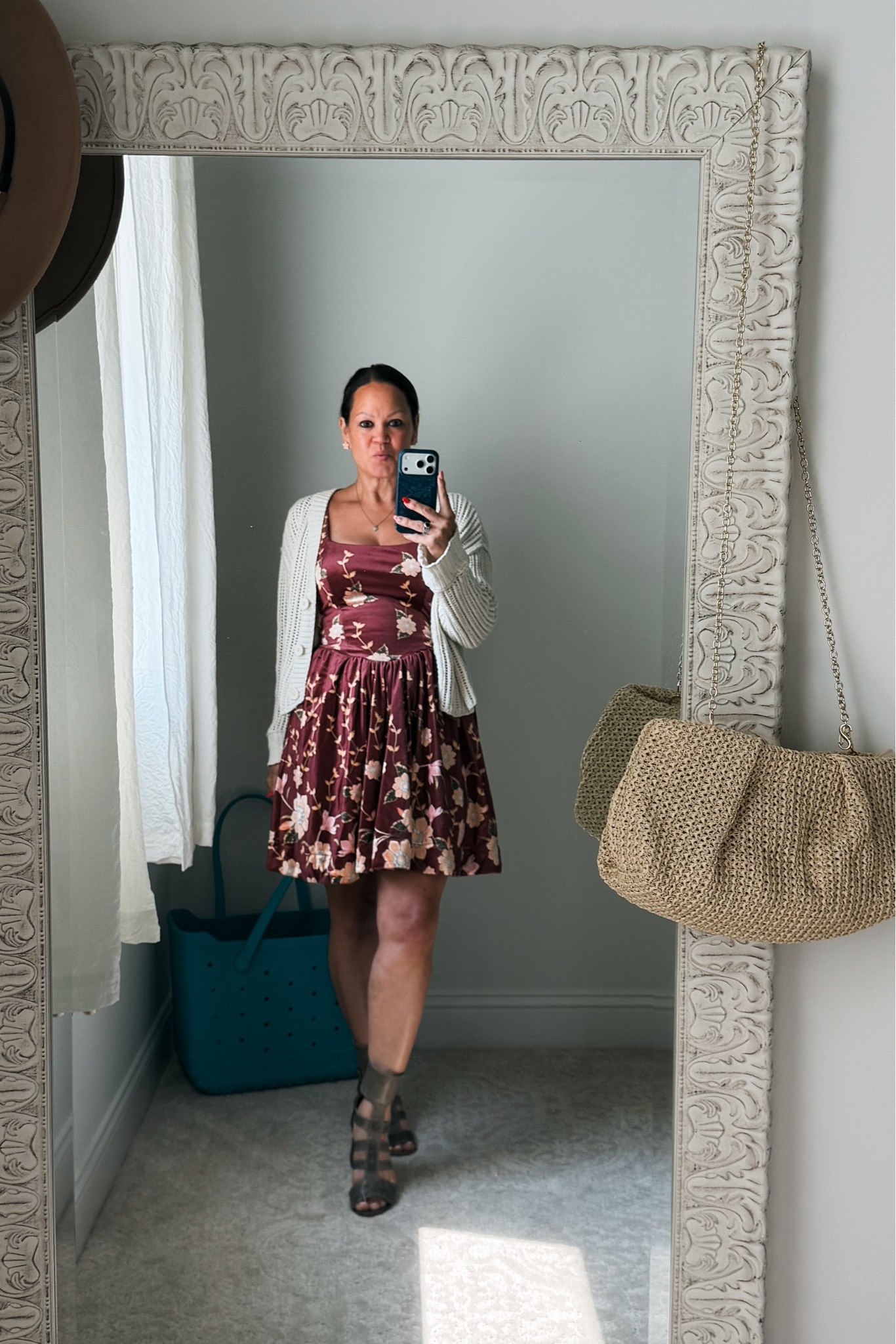 Looking for the perfect outfit to transition from summer into fall? This burgundy floral dress paired with a cozy cream cardigan, woven shoulder bag, and neutral heels creates an effortless feminine look. Save this outfit inspiration for brunch, date night, family photos, church, or weekend style. 🤎

#aquabendita

#LTKdayinmylife #LTKgrwm #LTKootd