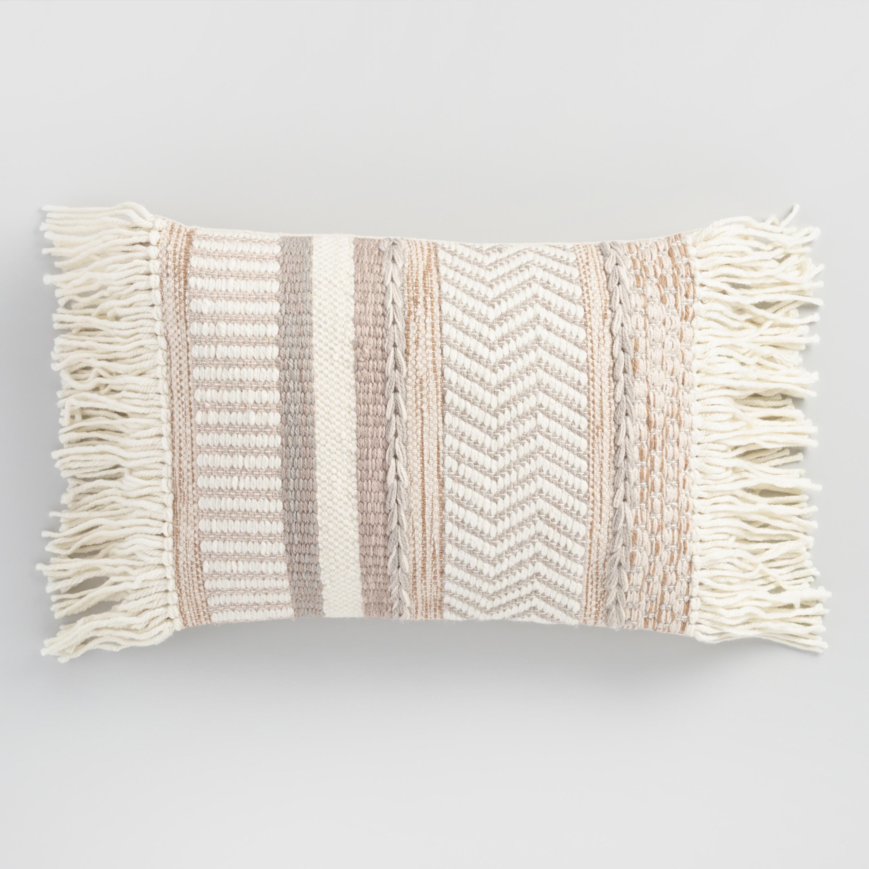 Neutral Stripe Fringed Indoor Outdoor Lumbar Pillow | World Market