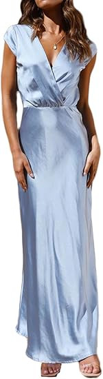 Summer Satin V Neck Wrap Maxi Dress for Women 2026 Elegant Silk Cap Sleeve Wedding Guest Dresses | Amazon (US)
