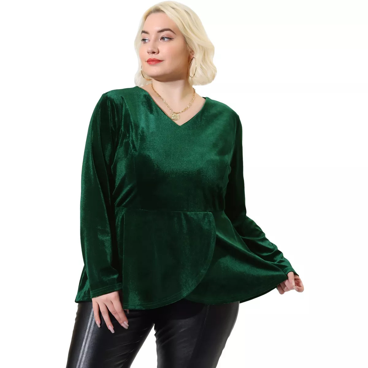 Agnes Orinda Women's Plus Size V Neck Tulip Hem Long Sleeve Peplum Velvet Blouses | Target