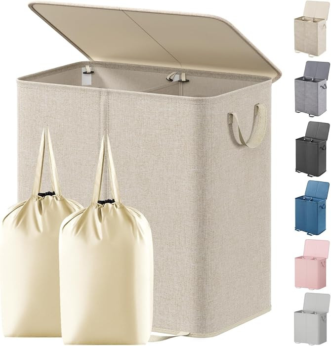 Lifewit Double Laundry Hamper with Lid and Removable Laundry Bags, Large Collapsible 2 Dividers D... | Amazon (US)