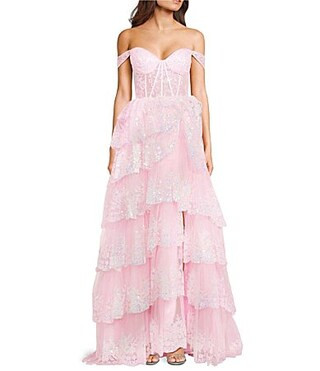 Cinderella Couture Off-The-Shoulder Sequin Embellished Layered Lace Tulle Long Dress - S | Dillard's