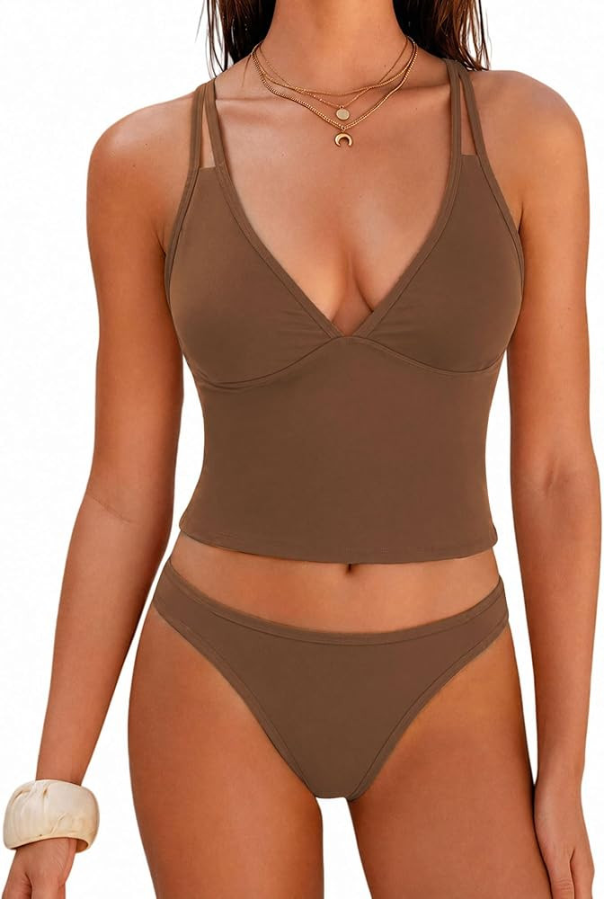 ZAFUL Tankini Swimsuits for Women V Neck Dual Straps Cropped Bikini Swimsuit High Cut 2 Pieces Ba... | Amazon (US)
