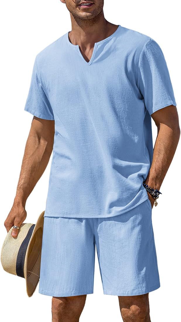 COOFANDY Men's 2 Pieces Cotton Linen Set Short Sleeve Henley Shirts Casual Beach Shorts Summer Yoga  | Amazon (US)