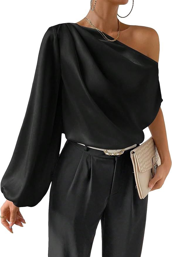 Cozyease Women's Elegant Asymmetrical Neck Lantern Sleeve Blouse Solid Long Sleeve Top | Amazon (US)